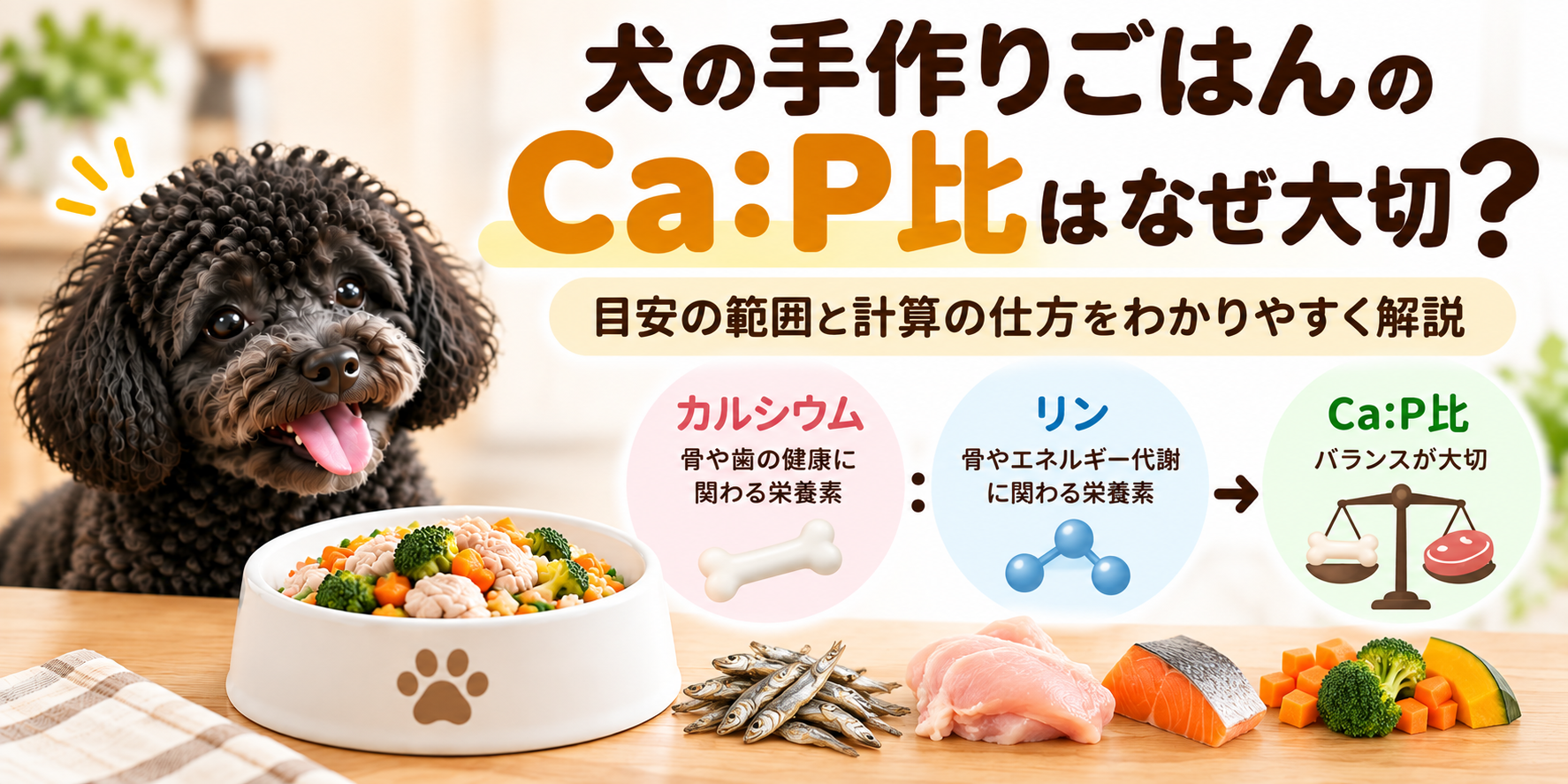 犬の手作りごはんでカルシウムとリンの量を確認しCa:P比としてバランスを見ることを示す図