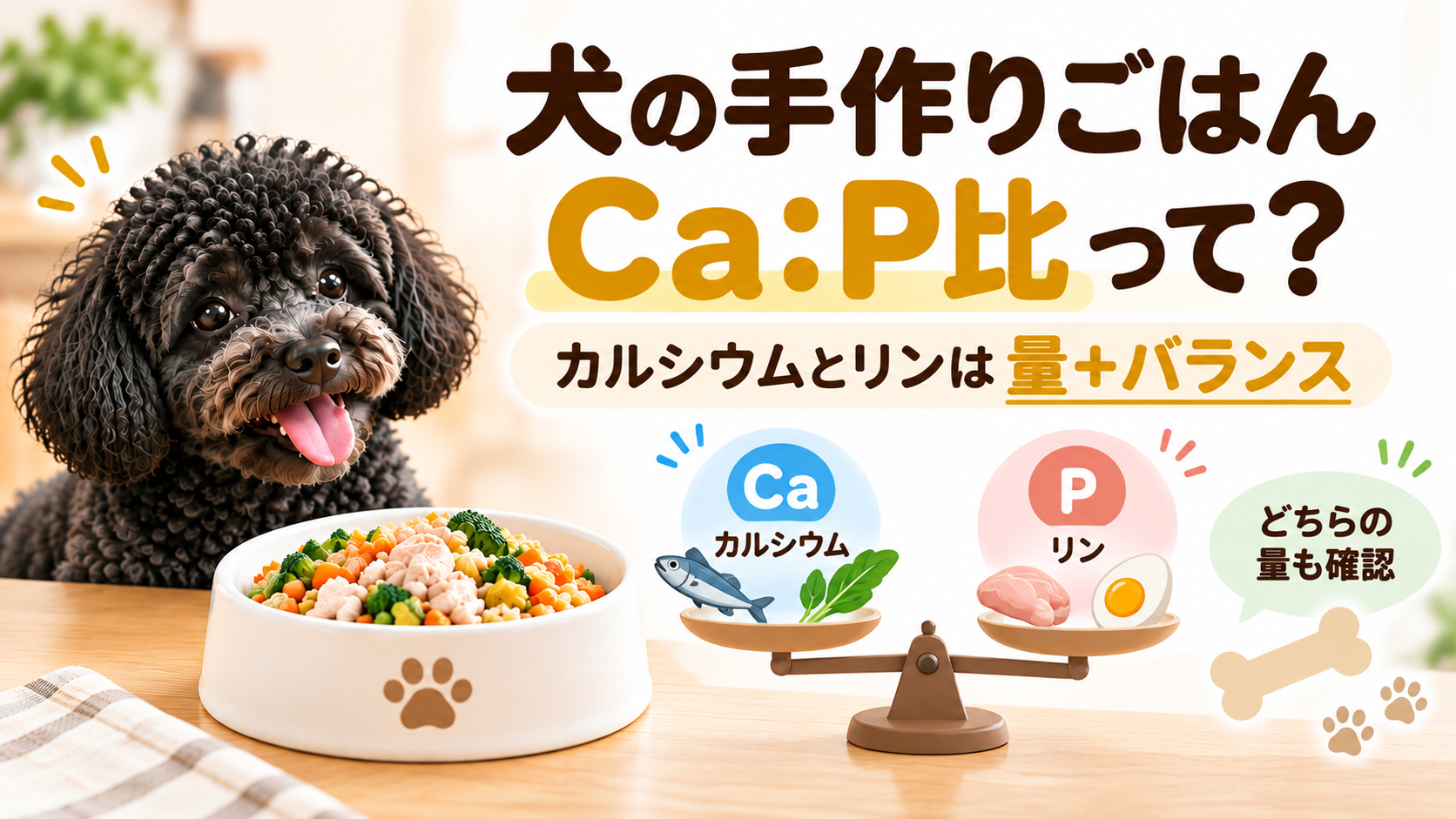 犬の手作りごはんでカルシウムとリンのバランスCa:P比を確認する記事のアイキャッチ