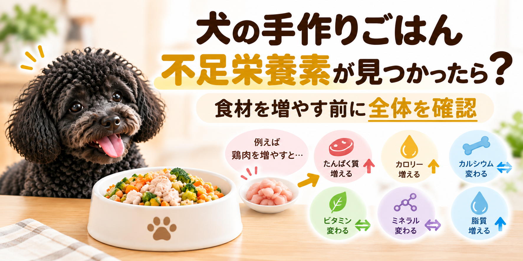 犬の手作りごはんで不足栄養素が見つかったときに食材を増やす前にレシピ全体を確認する記事のアイキャッチ