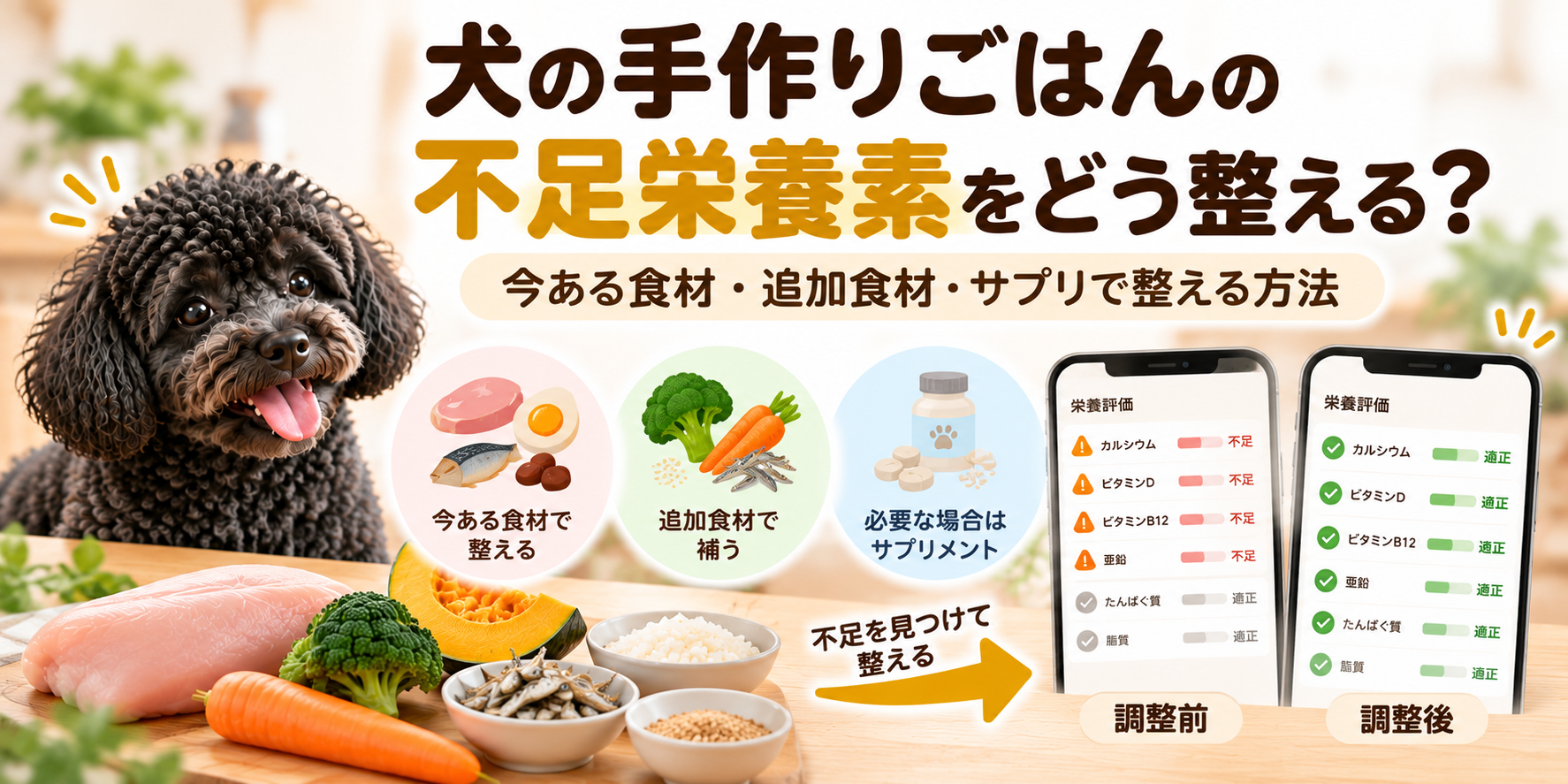 犬の手作りごはんの不足栄養素を今ある食材、追加食材、必要な場合のサプリメントで整え、調整後に栄養評価する流れ