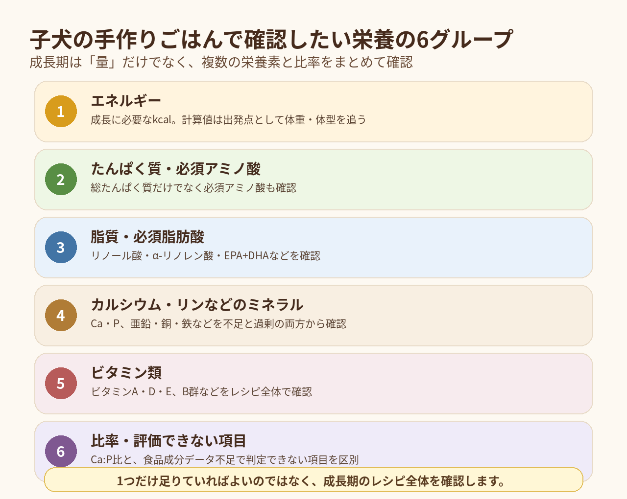 子犬の手作りごはんで確認したいエネルギー、たんぱく質と必須アミノ酸、脂質と必須脂肪酸、ミネラル、ビタミン、Ca:P比と評価データ不足の6グループ