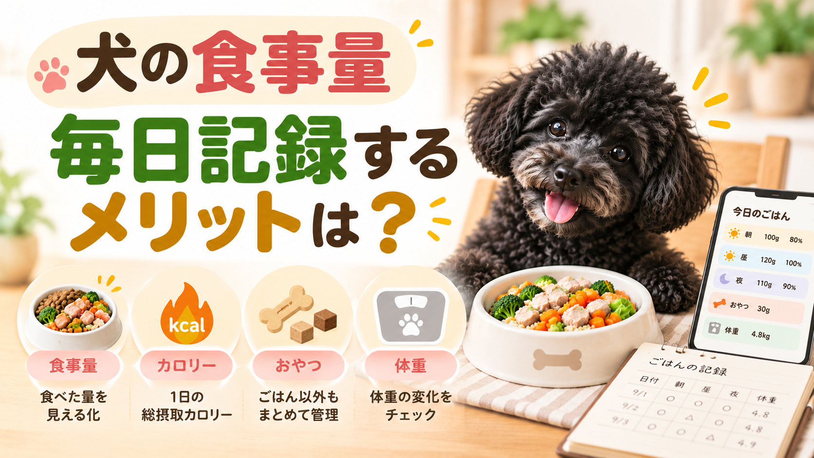 犬の食事量を毎日記録するメリットを解説する記事のアイキャッチ