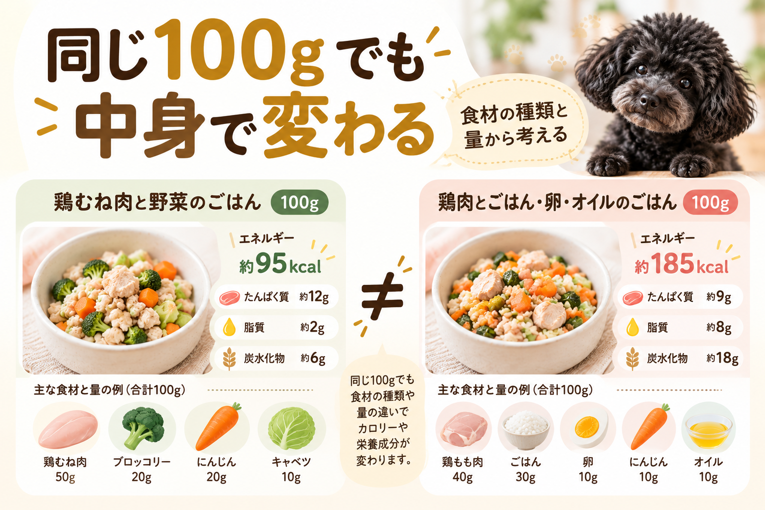 同じ100gでも食材の組み合わせによってカロリーやたんぱく質、脂質、炭水化物が異なる例