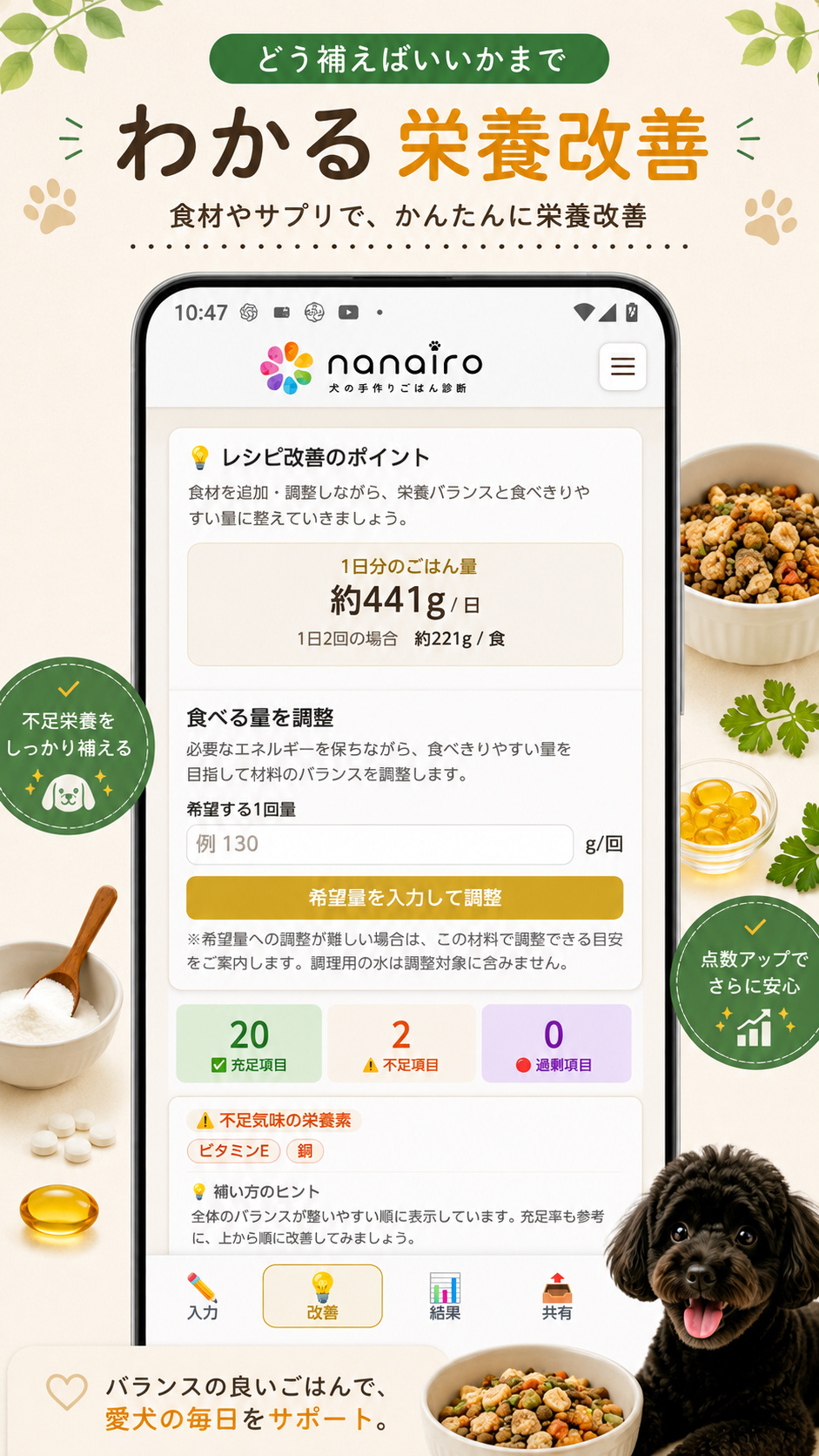 栄養と1日のごはん量を確認しながらレシピを改善する画面