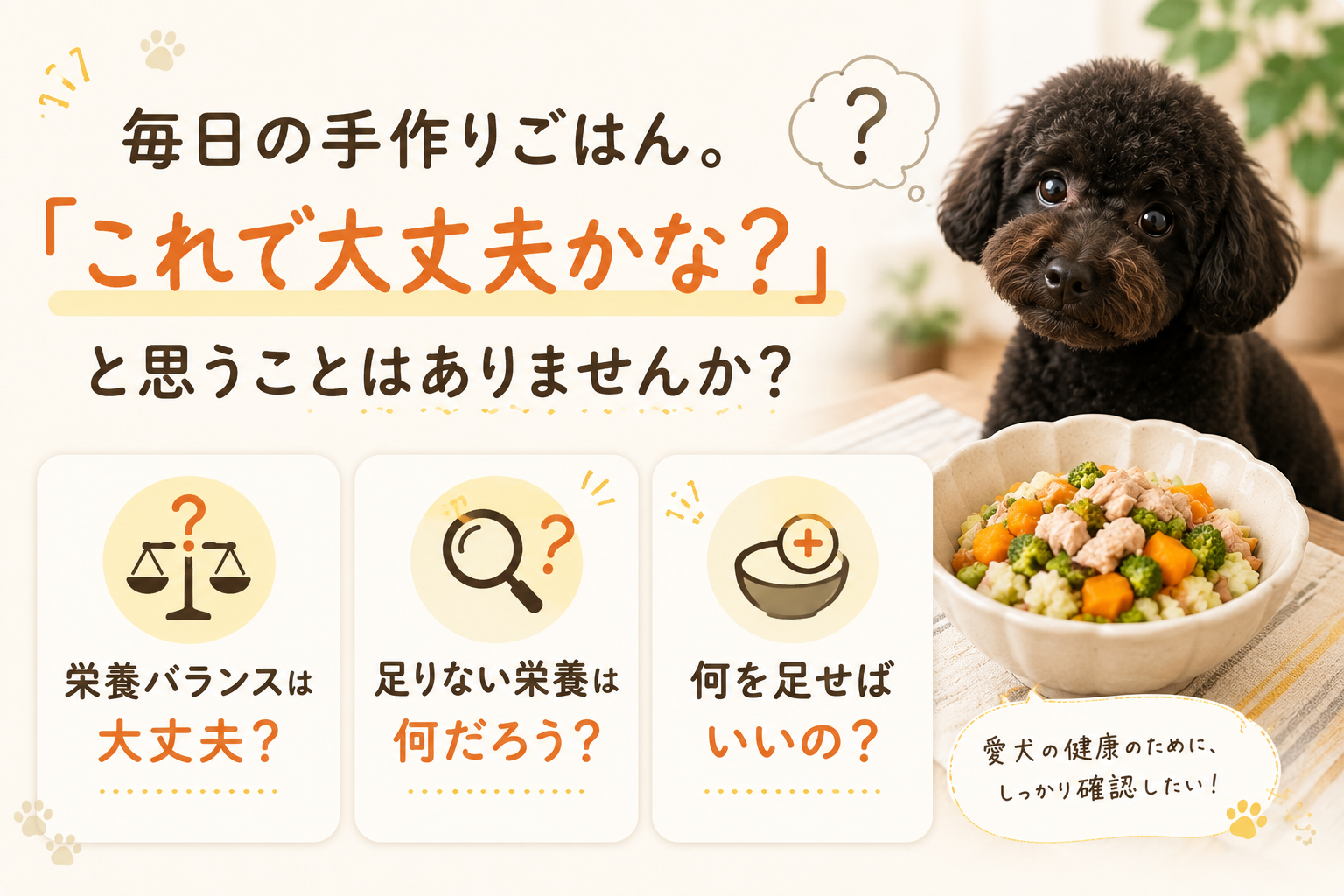 毎日の手作りごはん。これで大丈夫かな？ 栄養バランスは大丈夫？ 足りない栄養は何だろう？ 何を足せばいいの？