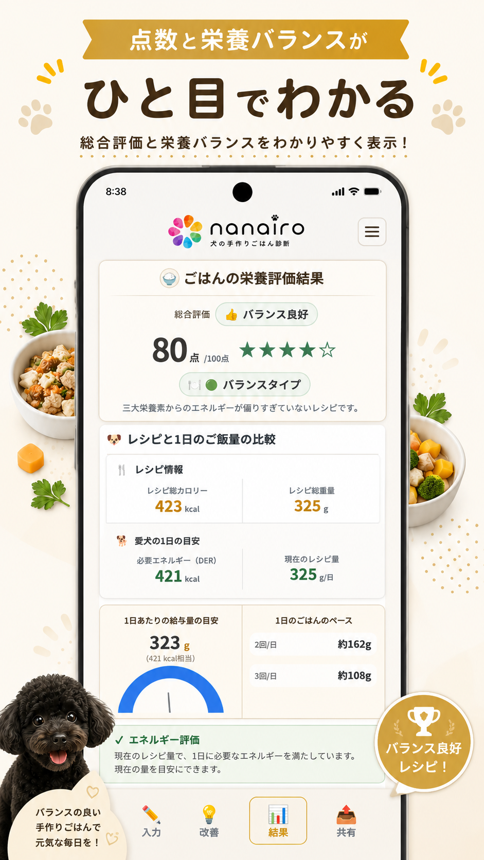 完成したレシピの栄養バランスと1日のごはん量を確認する結果画面