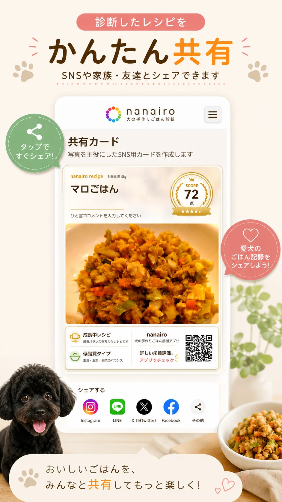 診断したレシピを共有カードにしてシェアする画面